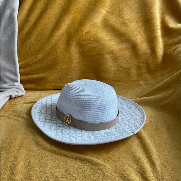 River Island One Size White RI Monogram Print Straw Fedora Hat - Picture 3 of 4